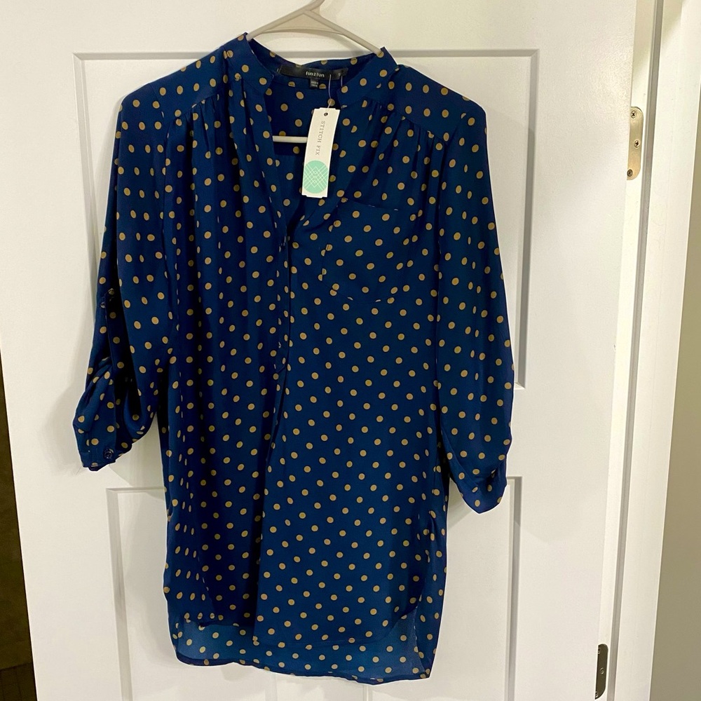 NWT! Fun 2 Fun Navy Polka Dot Blouse!